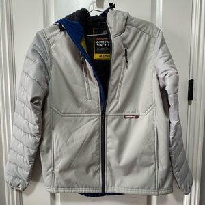 Hawke & Co woman’s size medium gray zip down jacket with hood. Pitch pit 22.